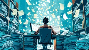 A newspaper cartoon graphic, with the heading 'SOLVING COMMON FEDERAL REGISTRY RENEWAL PROBLEMS' in uppercase, the newspaper cartoon graphic should feature a frustrated person at a desk, surrounded by stacks of paperwork and a friendly, helpful computer