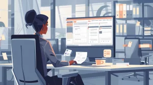 A business professional at a computer, updating online information with multiple open tabs and checklists. Overlapping icons for security, calendar reminders, and data validation. Background shows a busy office environment with colleagues collaborating.