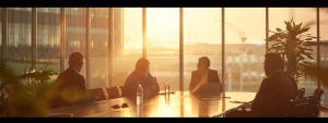 a group of people sitting around a conference table reviewing paperwork.