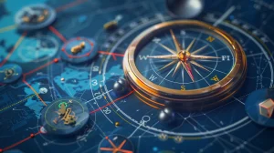 Display a compass on a blueprint with six different colored routes, each leading to symbolic icons representing various procurement strategies, all encircling a 3D model of a SAM system