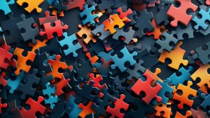 Create an image showcasing a vibrant mosaic of puzzle pieces, each representing a different industry, scattered across a dark background. Some pieces are connected, while others are detached, symbolizing the complexities and implications of the System for Award Management Exclusions